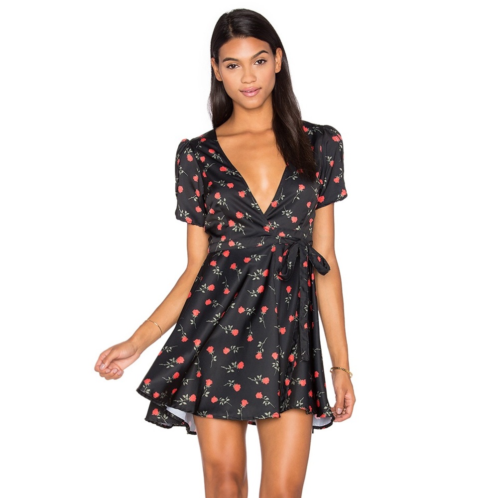Motel Rocks Black Rose Skater Wrap Dress NWT Large